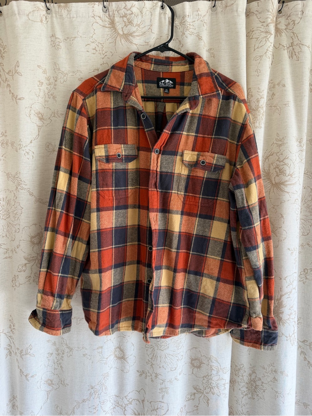 Pacific Outfitters Orange Navy Cream Plaid Shirt Jacket 100% Cotton